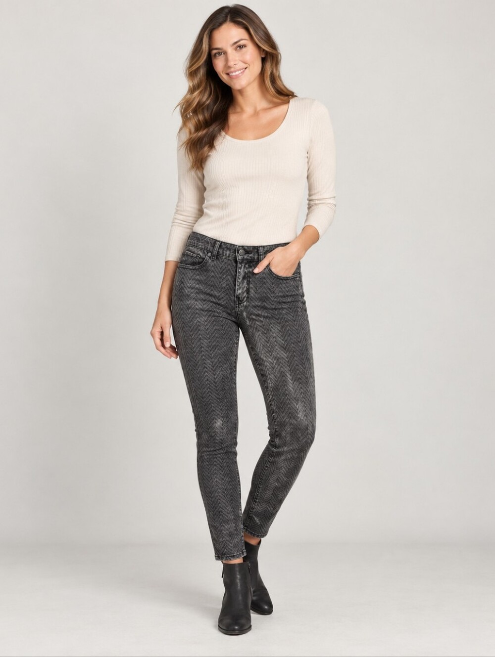 prAna Kara Chevron Gray Skinny Stretch Pants Womenβs Size 4 Herringbone Denim